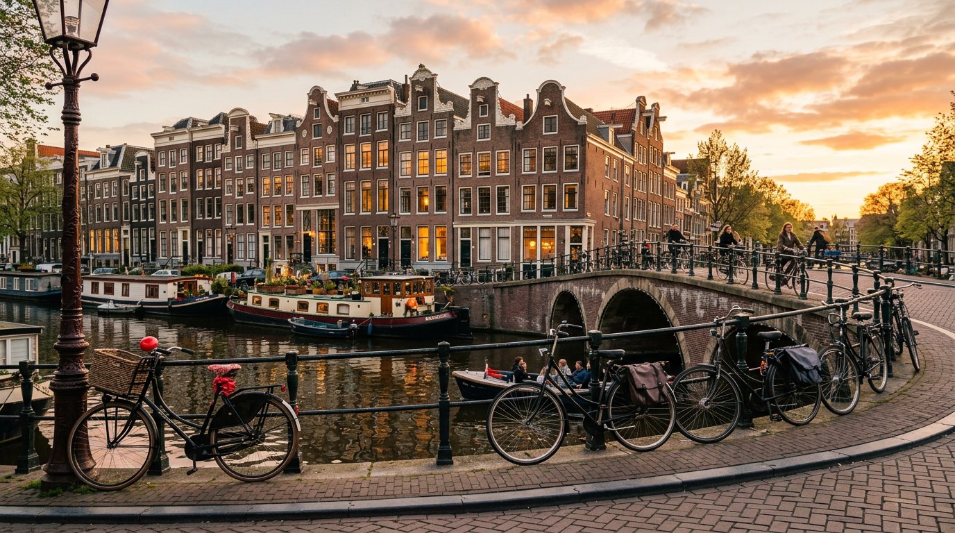Amsterdam canal houses at blue hour