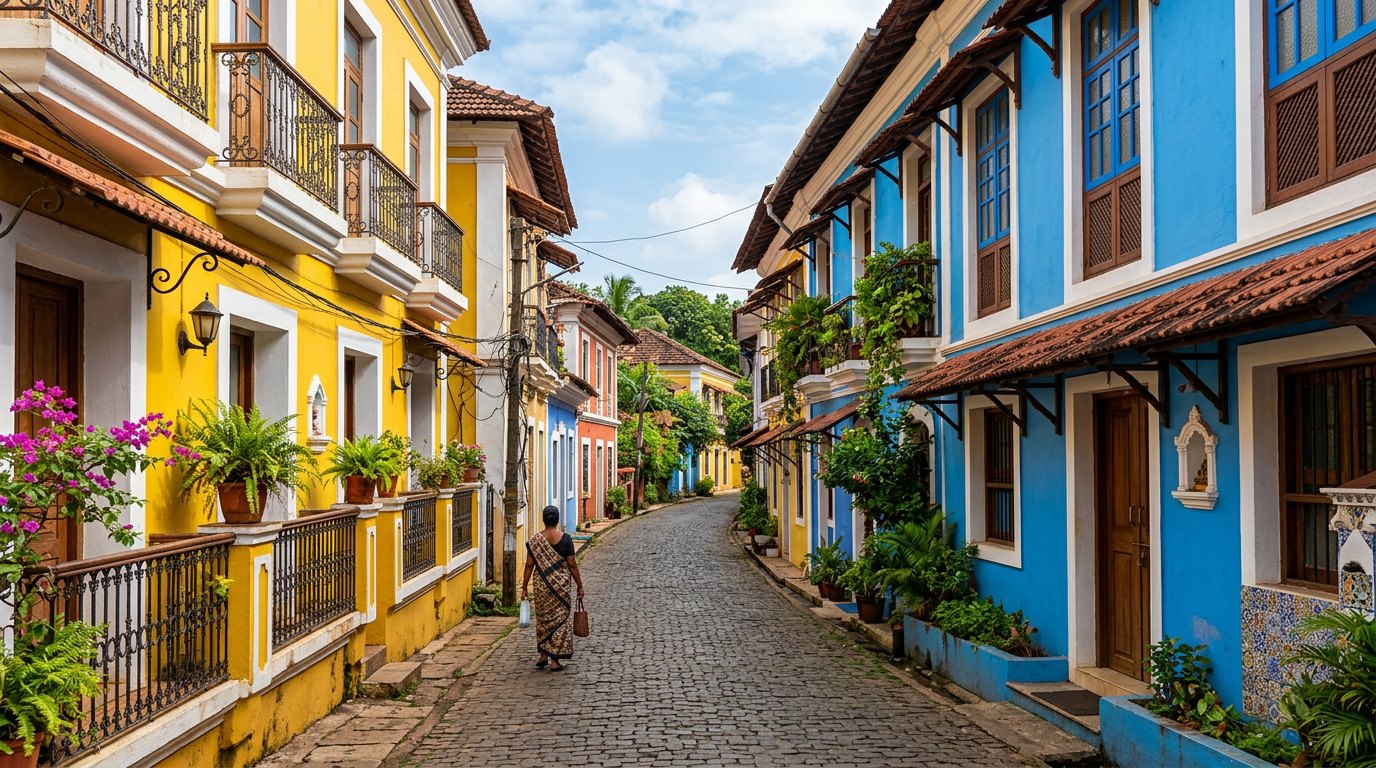 Sunlit heritage lane in Panjim's Fontainhas quarter, Goa