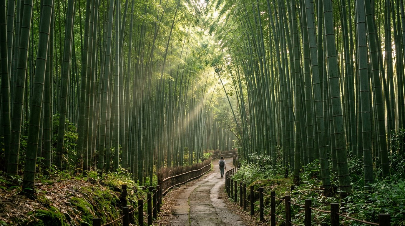 Morning light filtering through Arashiyama's soaring bamboo grove