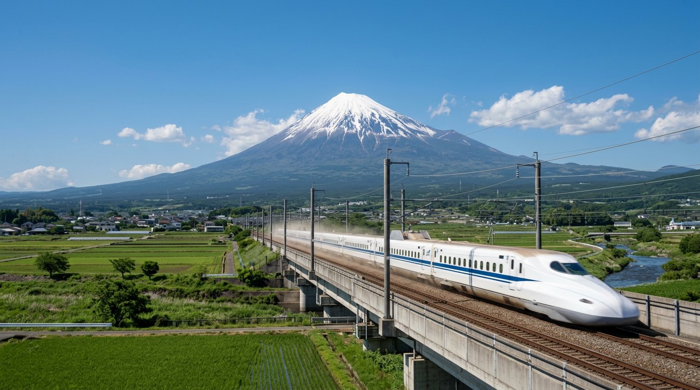 Shinkansen bullet train streaking past Mount Fuji