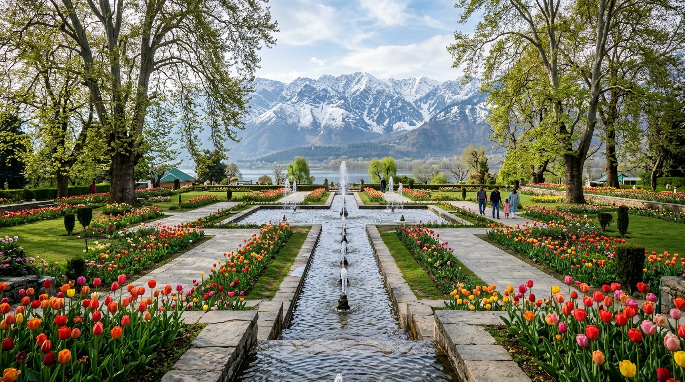 Chinars & fountains in a Mughal garden