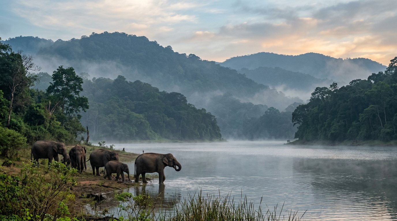 Elephants at Periyar lake, Thekkady