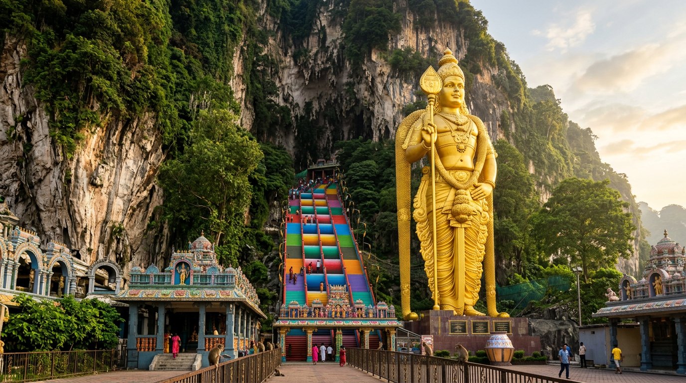 272 rainbow steps rising to Batu Caves' limestone temple