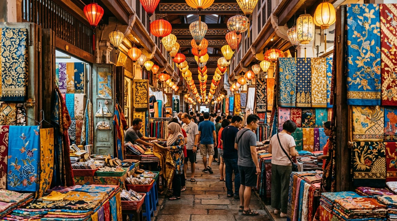 Art-deco Central Market — batik, pewter & lantern-lit stalls
