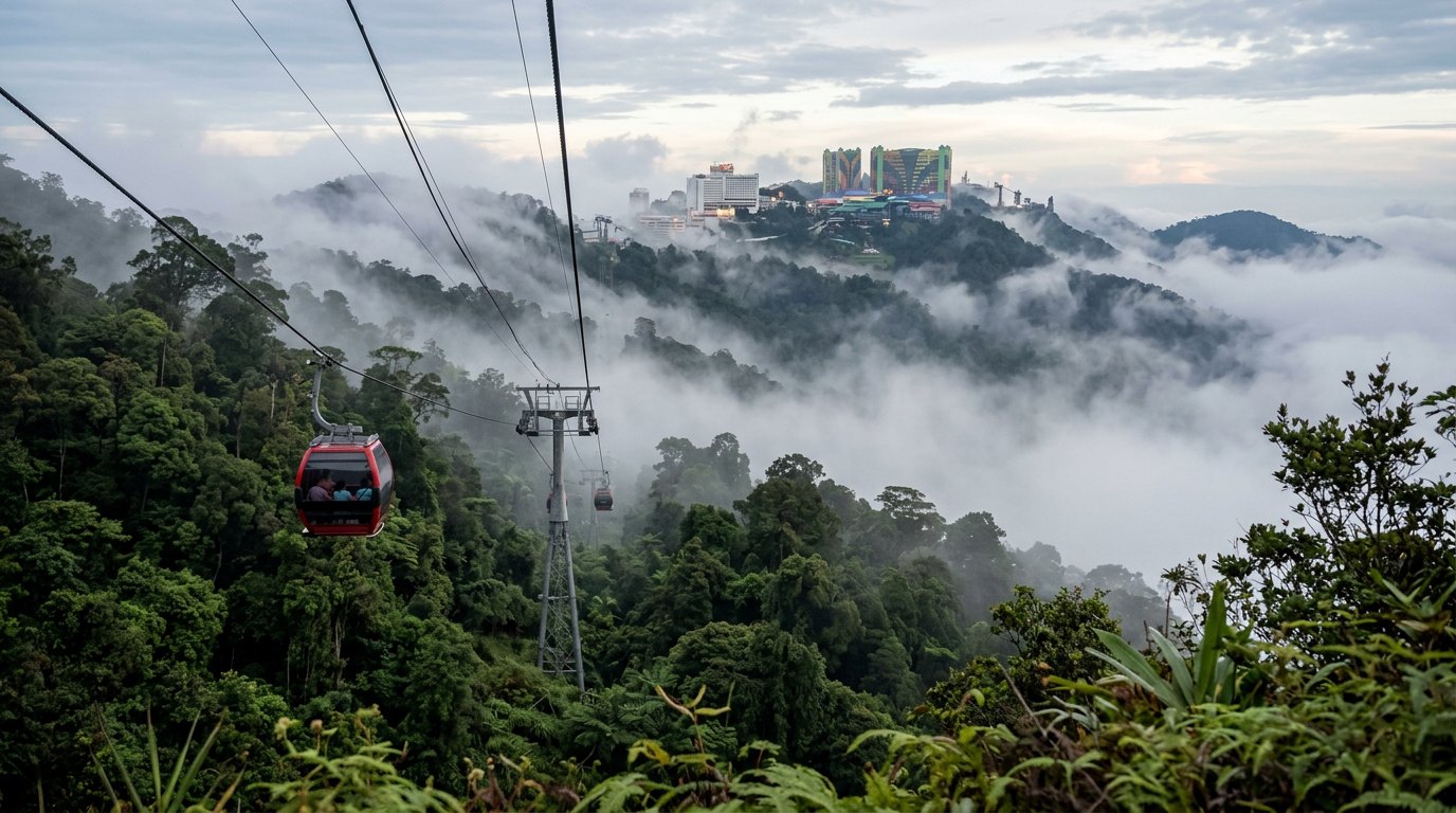 Awana Skyway cable car gliding above misty Genting rainforest