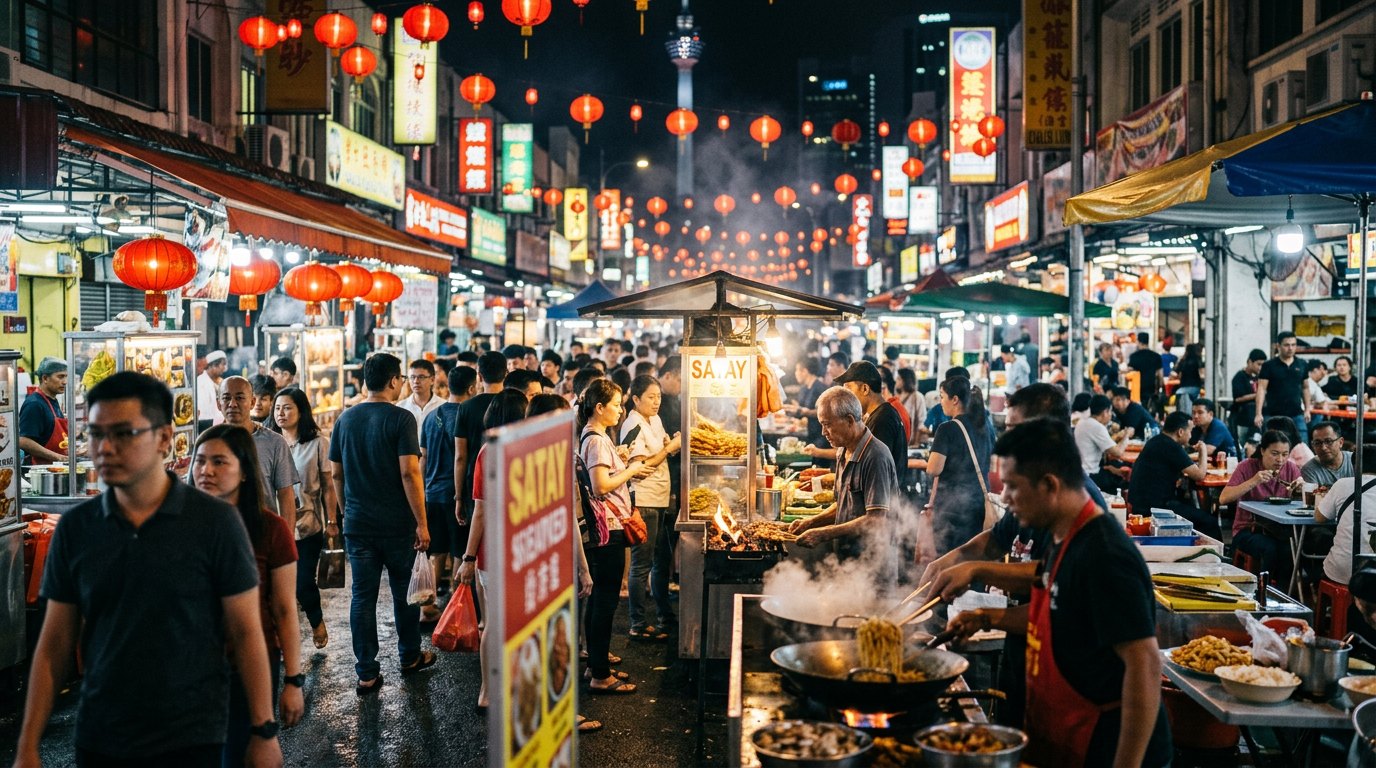 Jalan Alor night-food street glowing with red lanterns