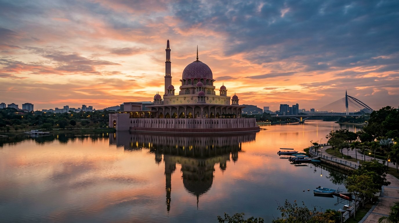 Pink-domed Putra Mosque reflected in Putrajaya Lake
