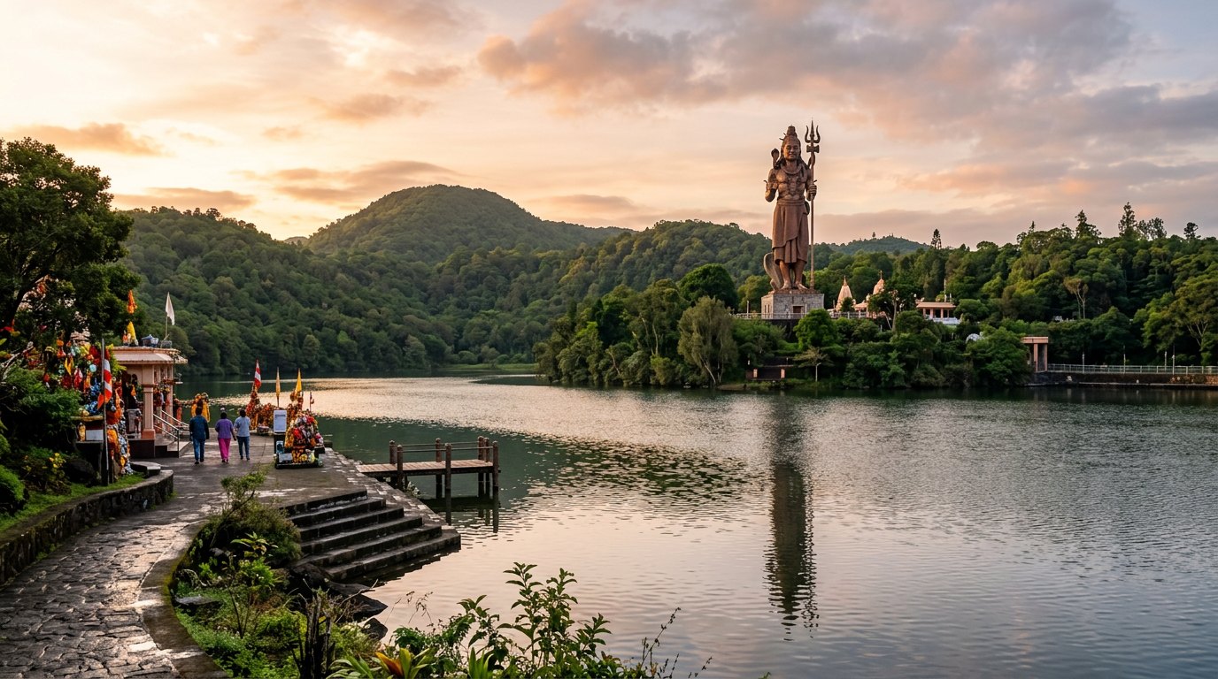Grand Bassin (Ganga Talao) sacred crater lake with the Mangal Mahadev Shiva statue