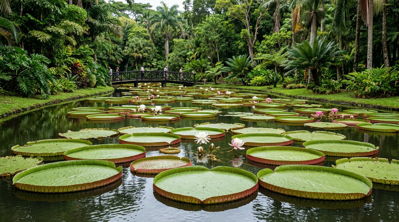 Giant Victoria amazonica water-lily pond at SSR Botanical Garden, Pamplemousses