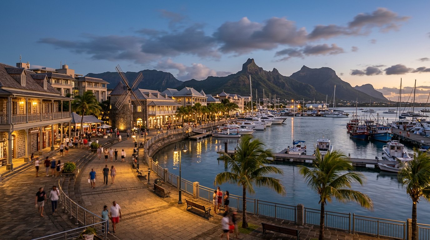 Caudan Waterfront, Port Louis — capital harbour with Moka mountains behind