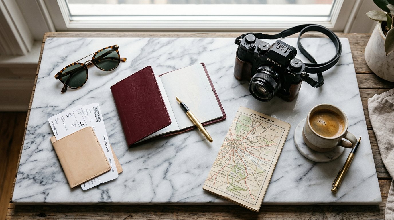 Notebook, camera and travel documents laid out during itinerary planning