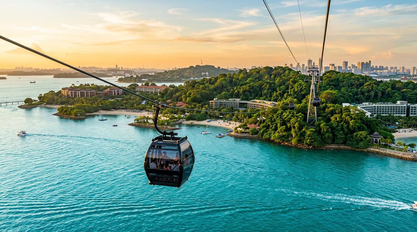 Sentosa cable car over turquoise water