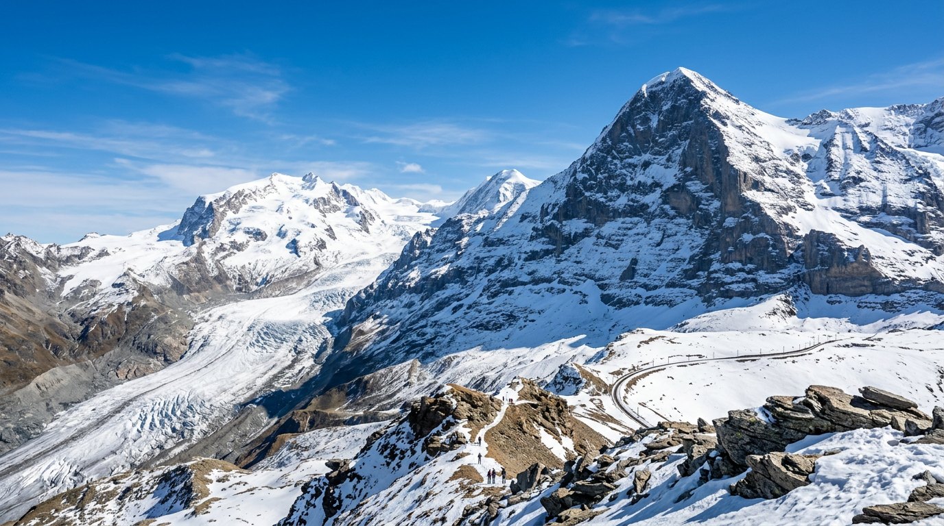 Snow-dusted Alpine peaks in the Jungfrau region, one of our European routes