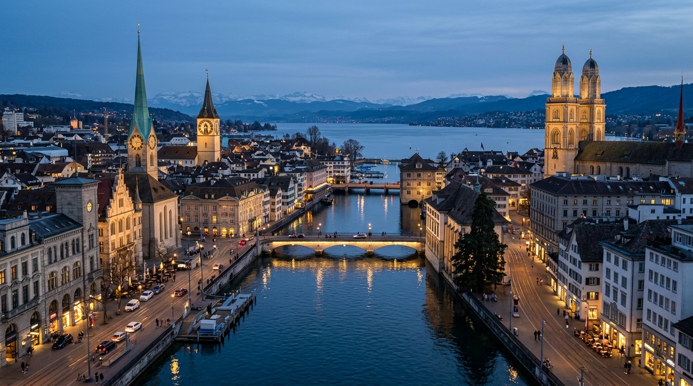 Zurich Altstadt & Grossmünster at golden hour