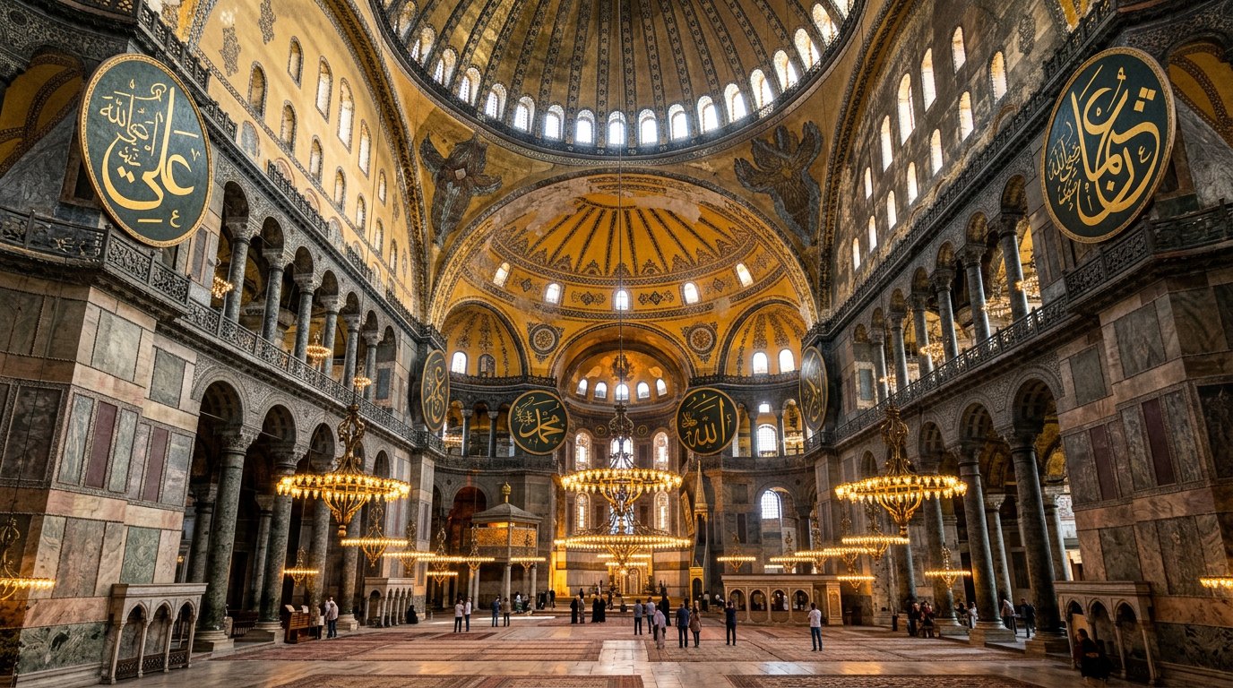 Byzantine dome and chandeliers inside Hagia Sophia