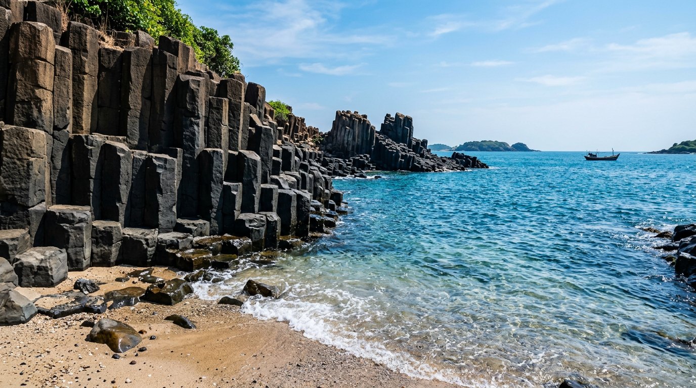 Hexagonal basalt columns on St Mary's Island