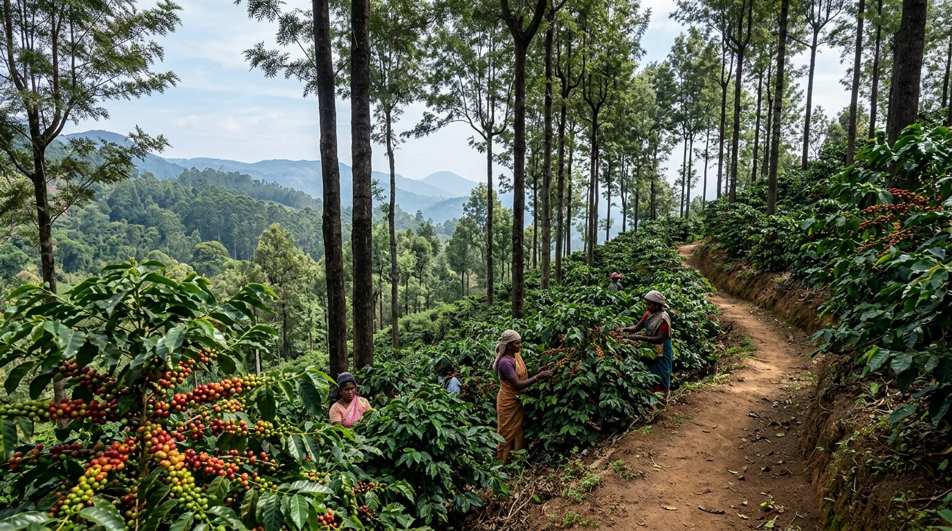Coffee cherries ripening on a Shevaroy estate